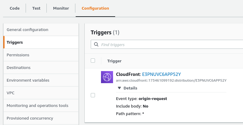 Showing new trigger on function, cloudfront